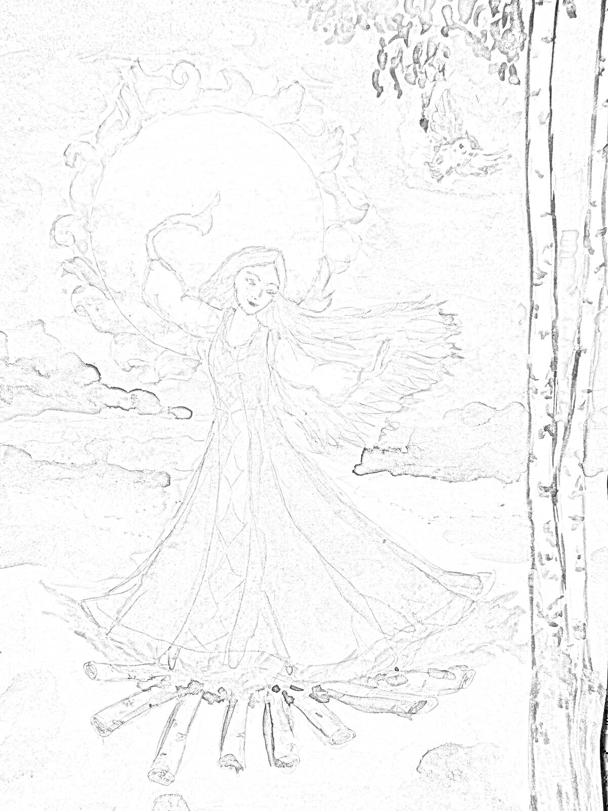 Раскраска Девушка в огненной короне, танцующая у костра среди берез в лесу с птицей на фоне.