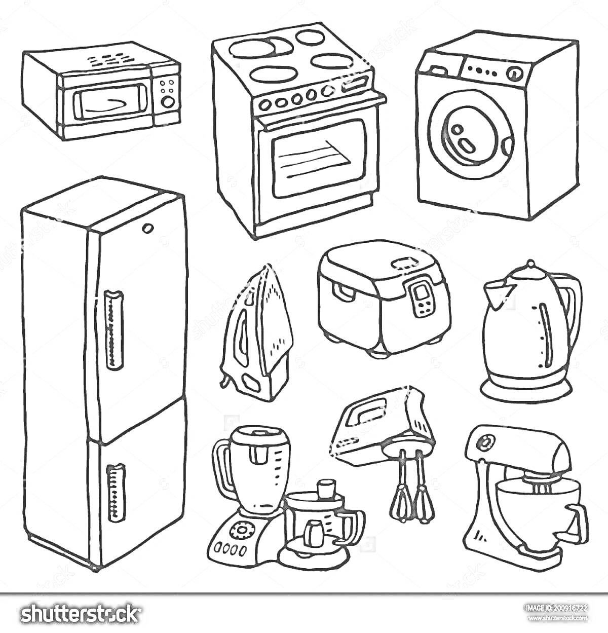 Раскраска микроволновая печь, плита с духовкой, стиральная машина, холодильник, утюг, мультиварка, электрочайник, миксер, блендер с чашей, стационарный миксер