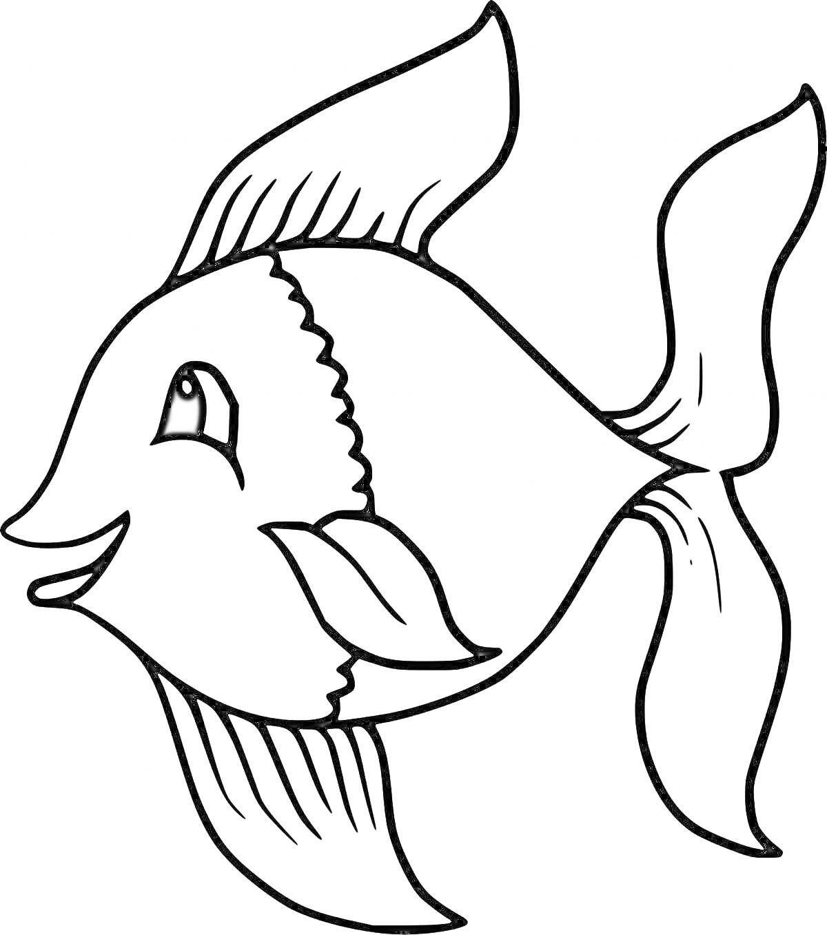 На раскраске изображено: Золотая рыбка, Для детей, Плавники, Хвост, Морская жизнь