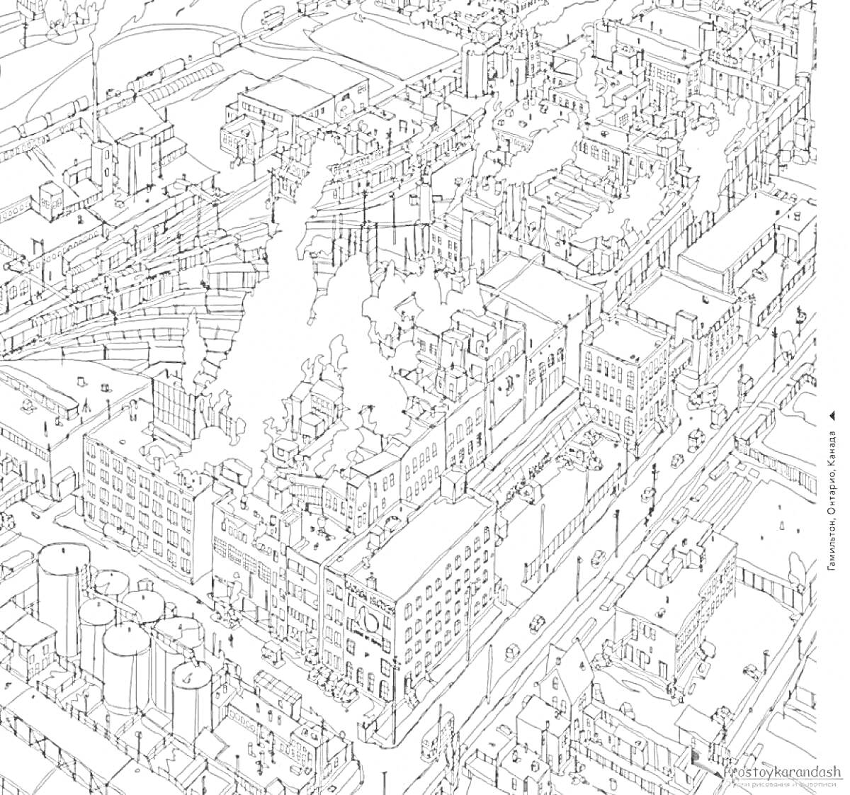Раскраска Городской пейзаж с заводами, домами и улицами