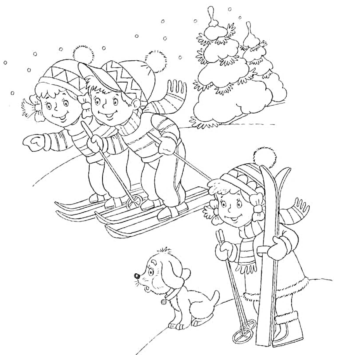 Раскраска Дети катаются на лыжах, девочка с лыжами и палками, собака, снеговик
