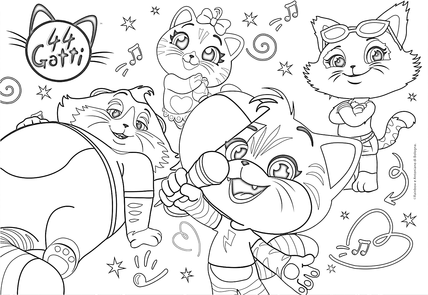 Раскраска Кошачья музыкальная группа: четыре котёнка, микрофон, музыкальные ноты, звездочки, сердечки, спирали