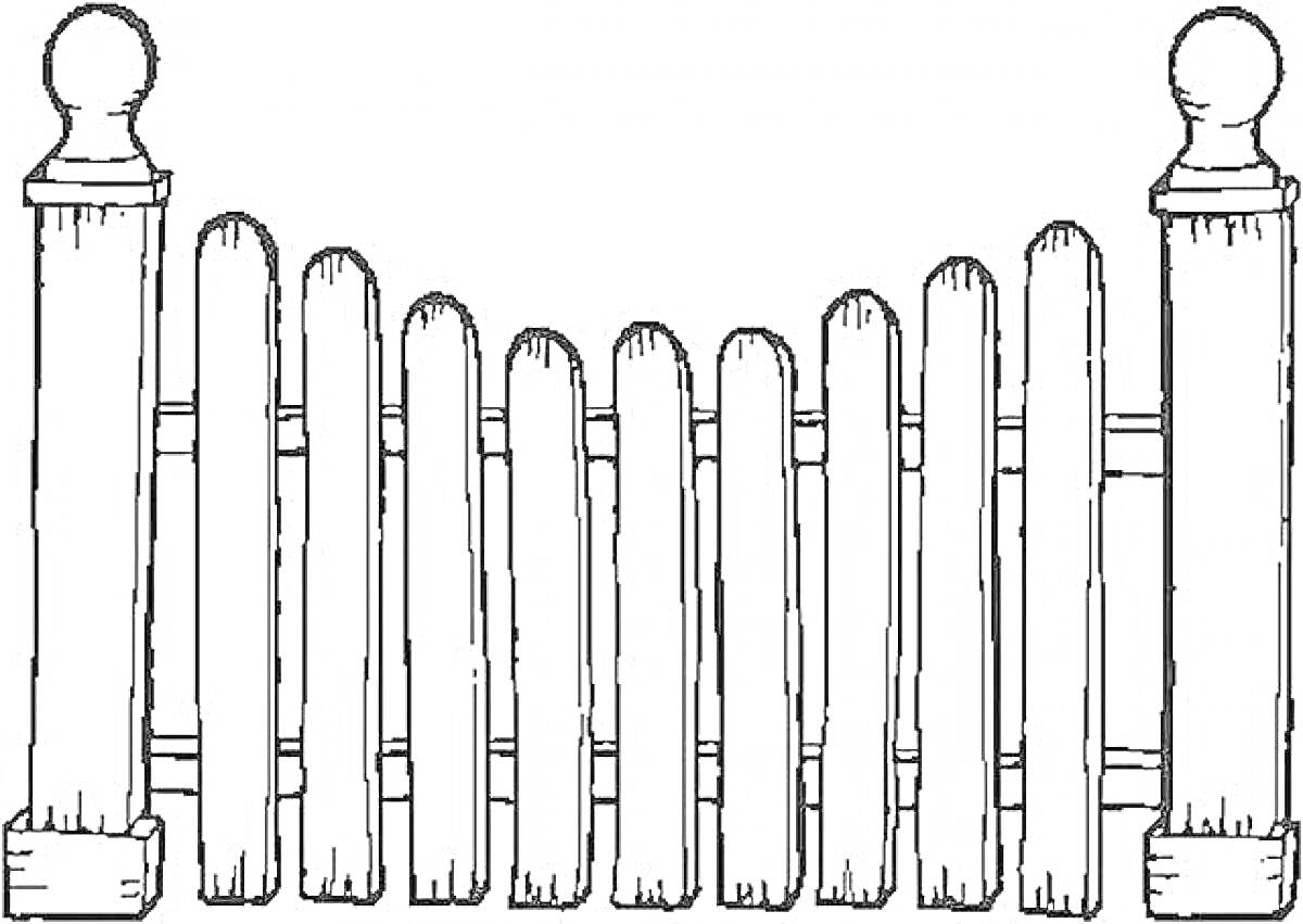 Раскраска Деревянный забор с вертикальными планками и декоративными столбами по краям