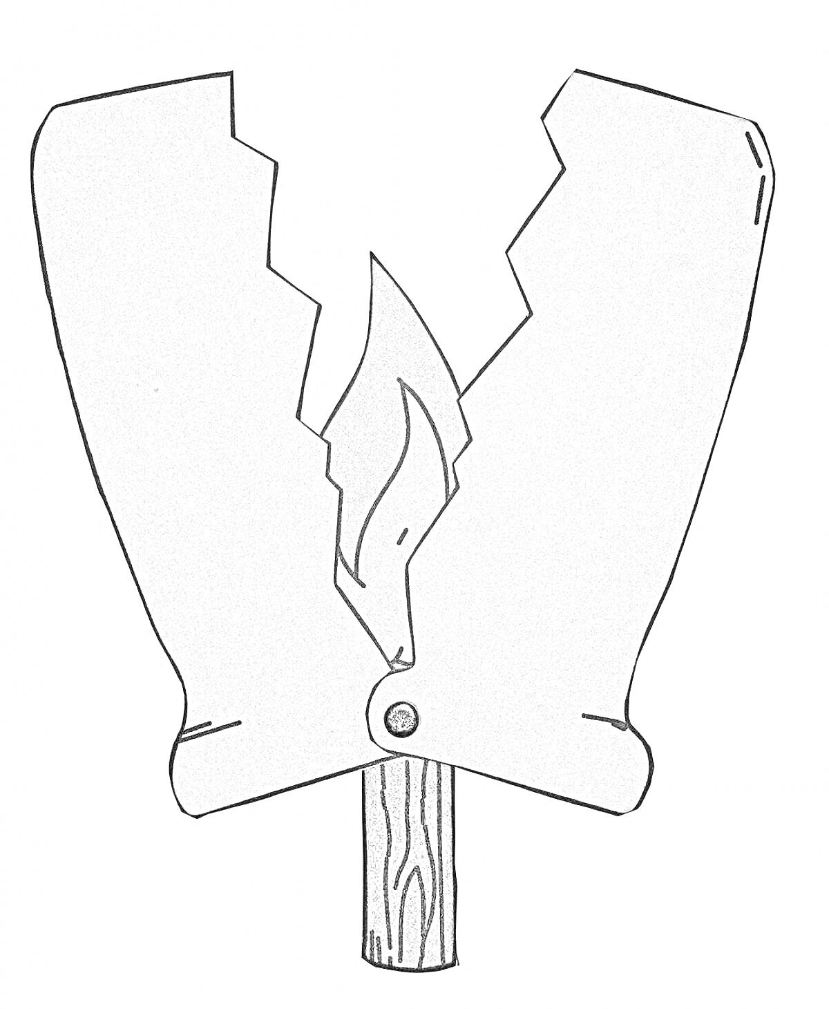 Раскраска Знак Гедеона, две разбитые таблички, огонь, деревянная рукоятка
