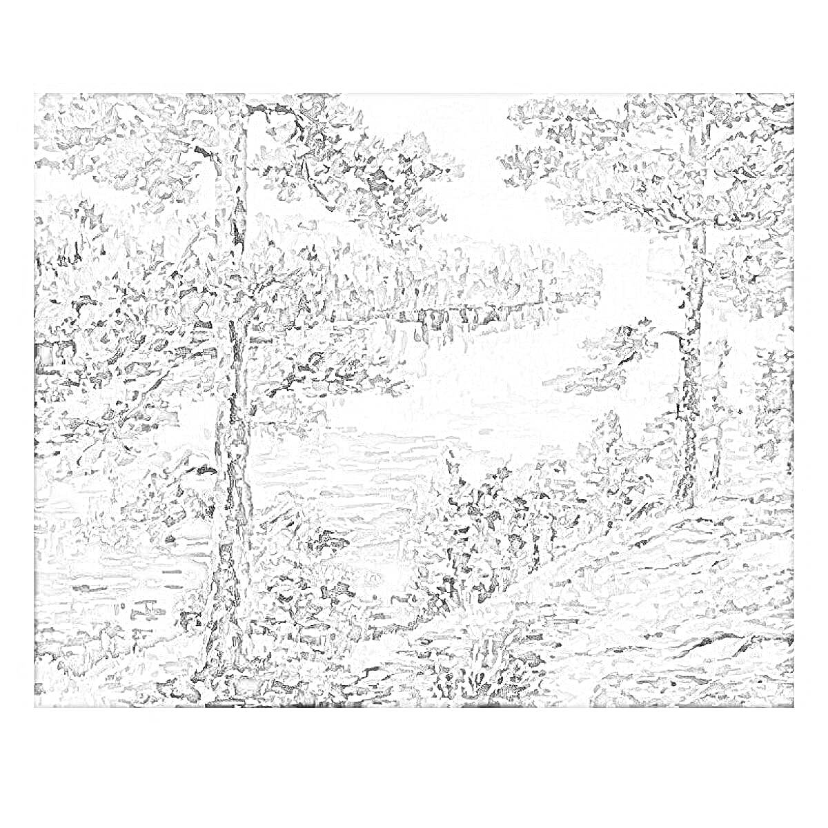 Раскраска Пейзаж с озером, деревьями и холмами