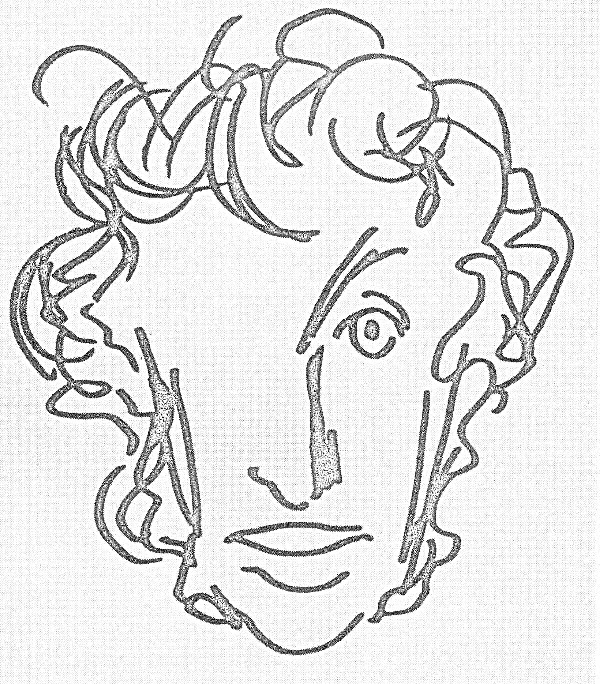 Раскраска Портрет Пушкина, нарисованный в абстрактной манере, с курчавыми волосами и четкими линиями лица