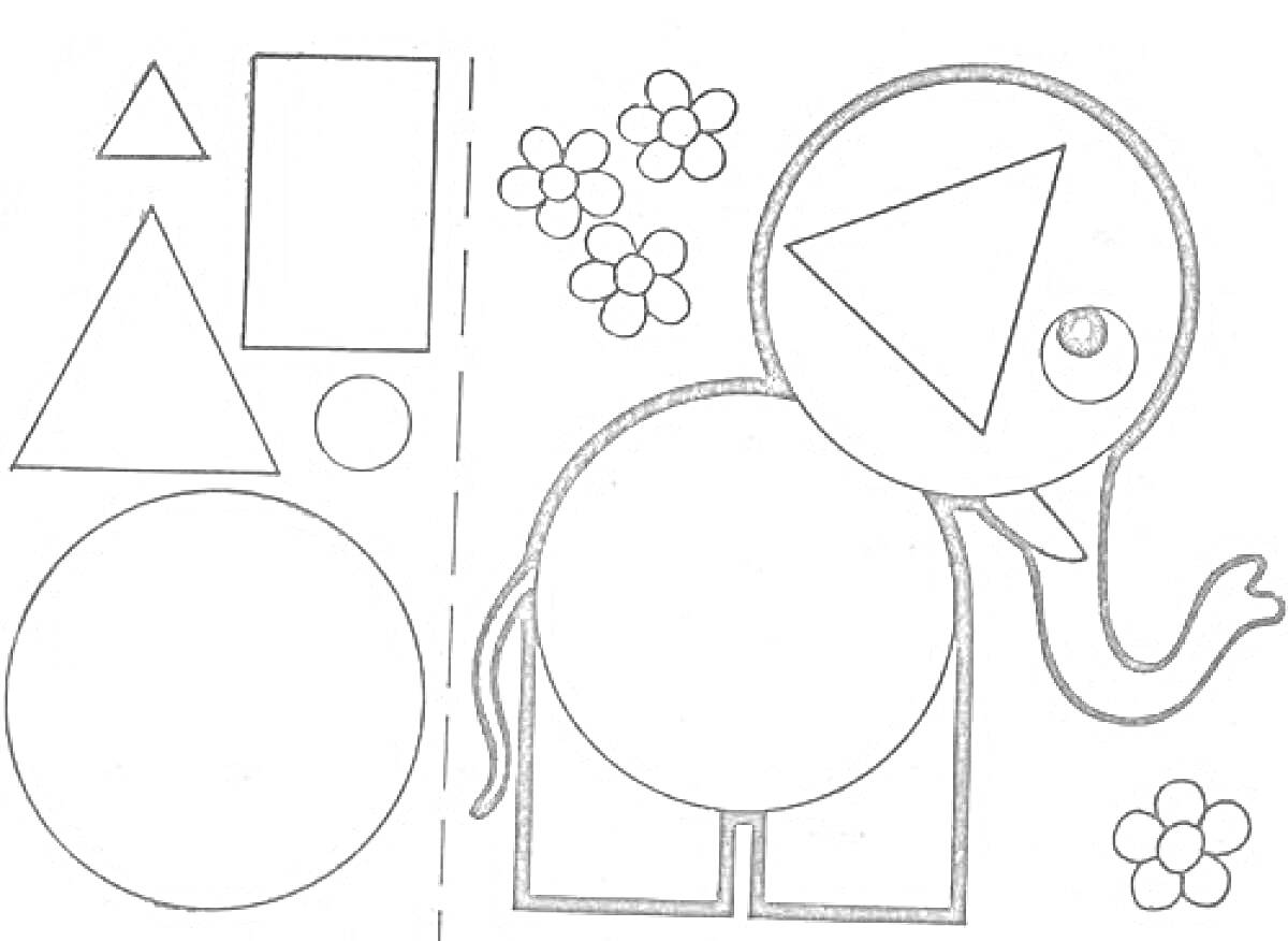 Раскраска Аппликация с геометрическими фигурами и цветами в форме слона