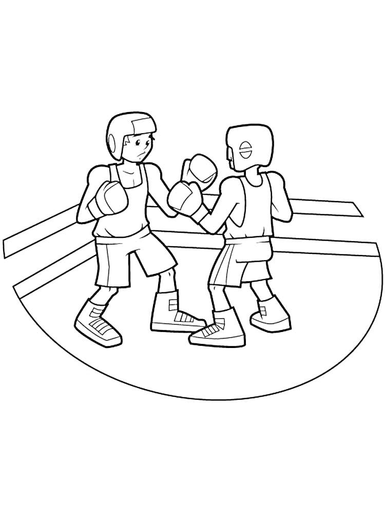 Два боксера в защитных шлемах и перчатках в боксерском ринге