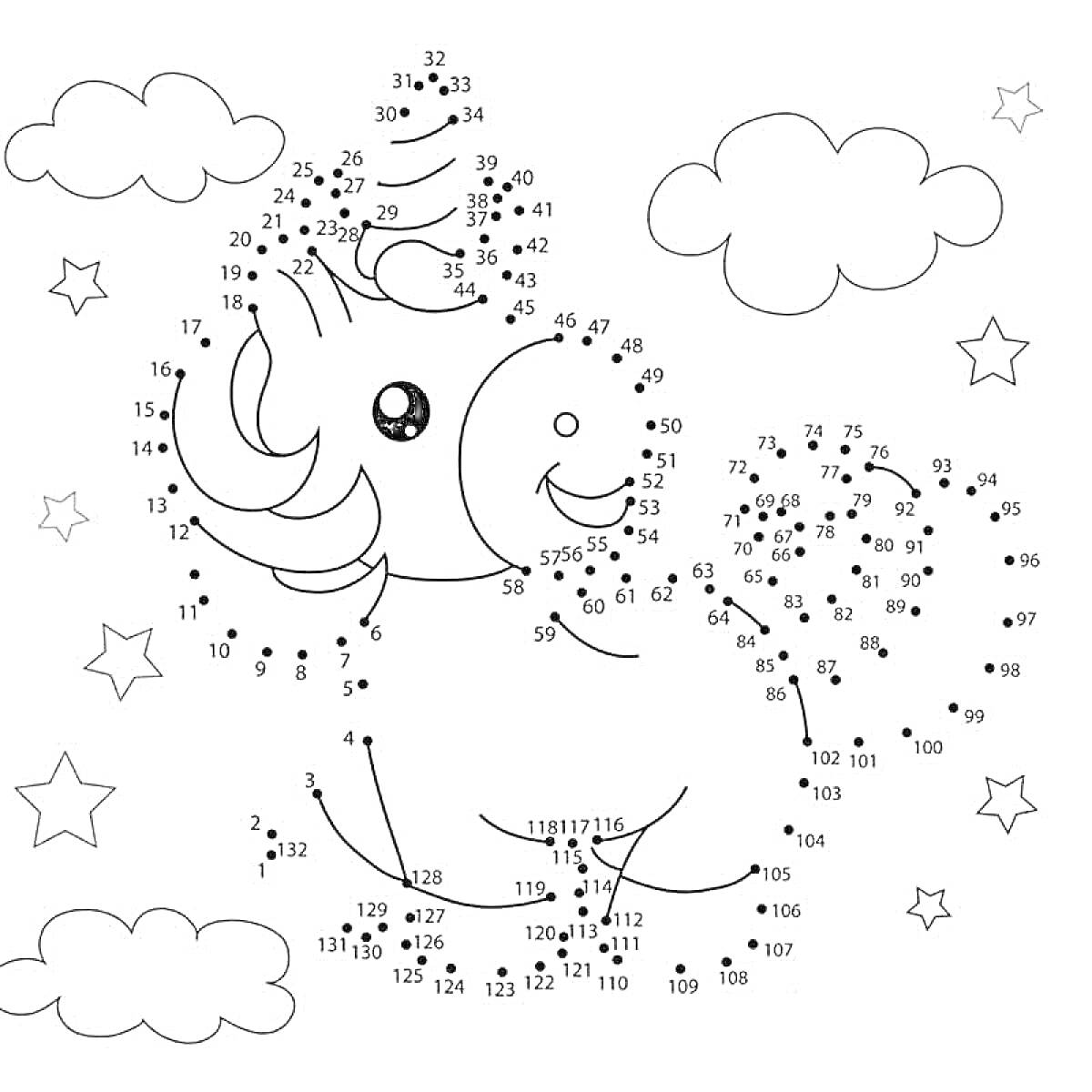 На раскраске изображено: Облака, Звезды, По точкам, Для детей, 7 лет, 8 лет