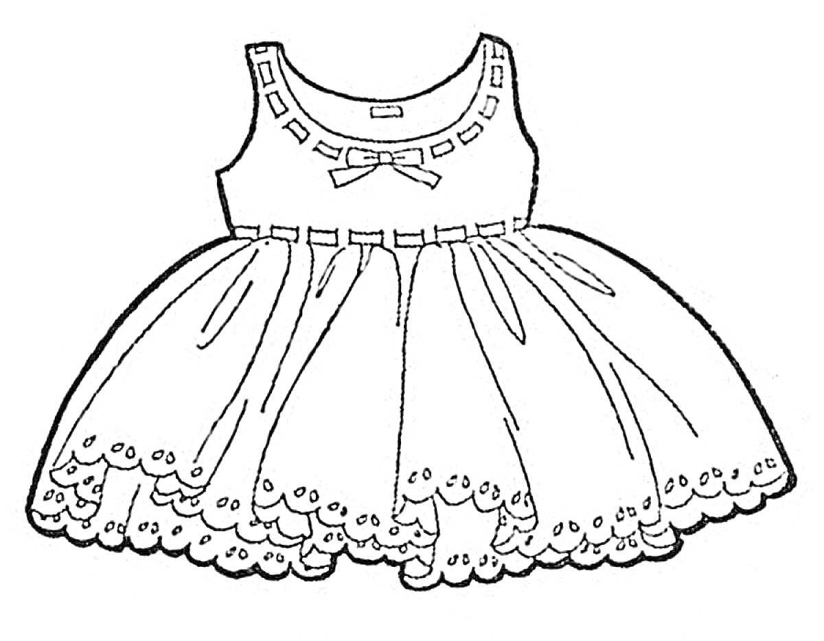 Раскраска Платье с бантиком и кружевами, квадратные вырезы на лифе, пышная юбка.