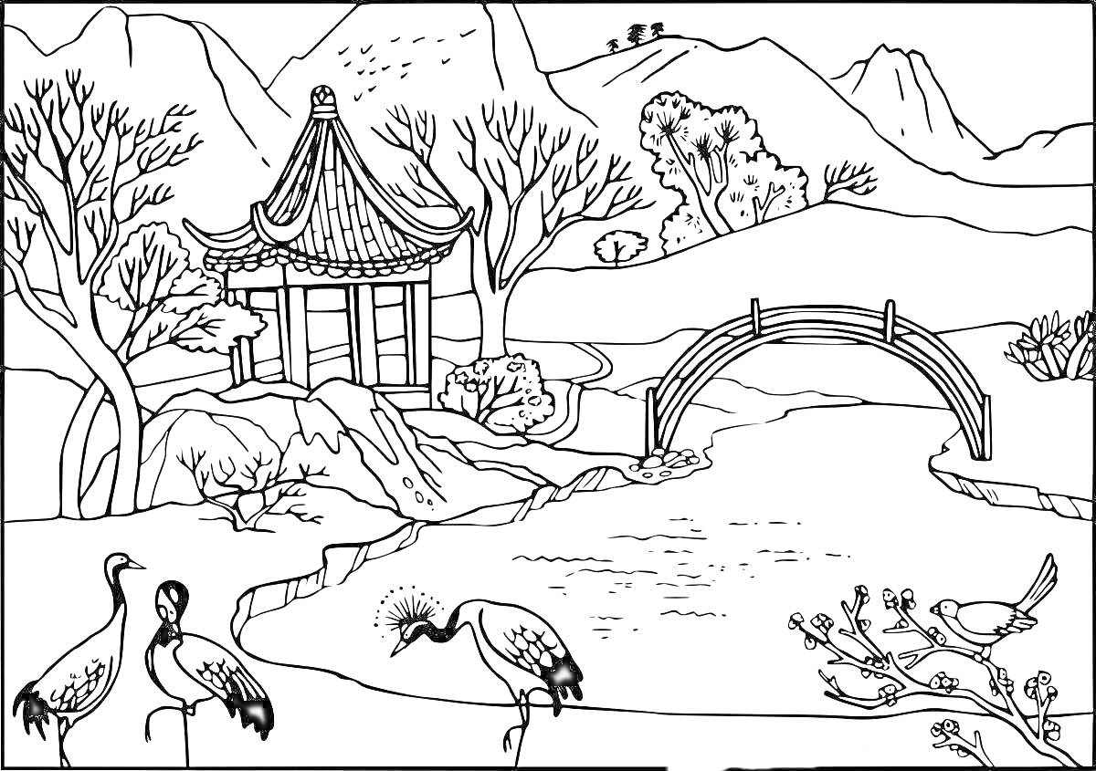 Раскраска Китайский пейзаж с павильоном, горы, река, мост, деревья, журавли и птица на ветке