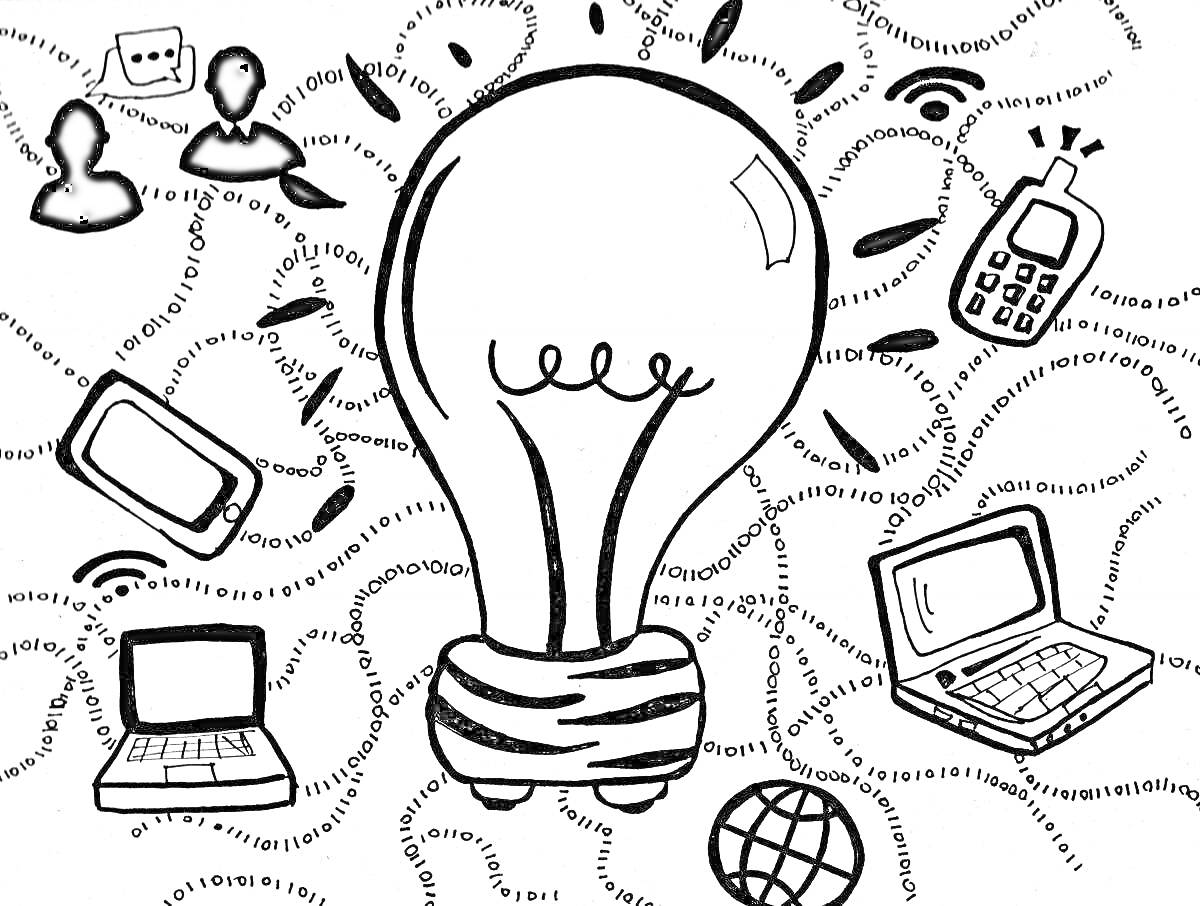 На раскраске изображено: Компьютер, Телефон, Планшет, Глобус, Интернет, Связь, Человек, Лампочки, Устройства