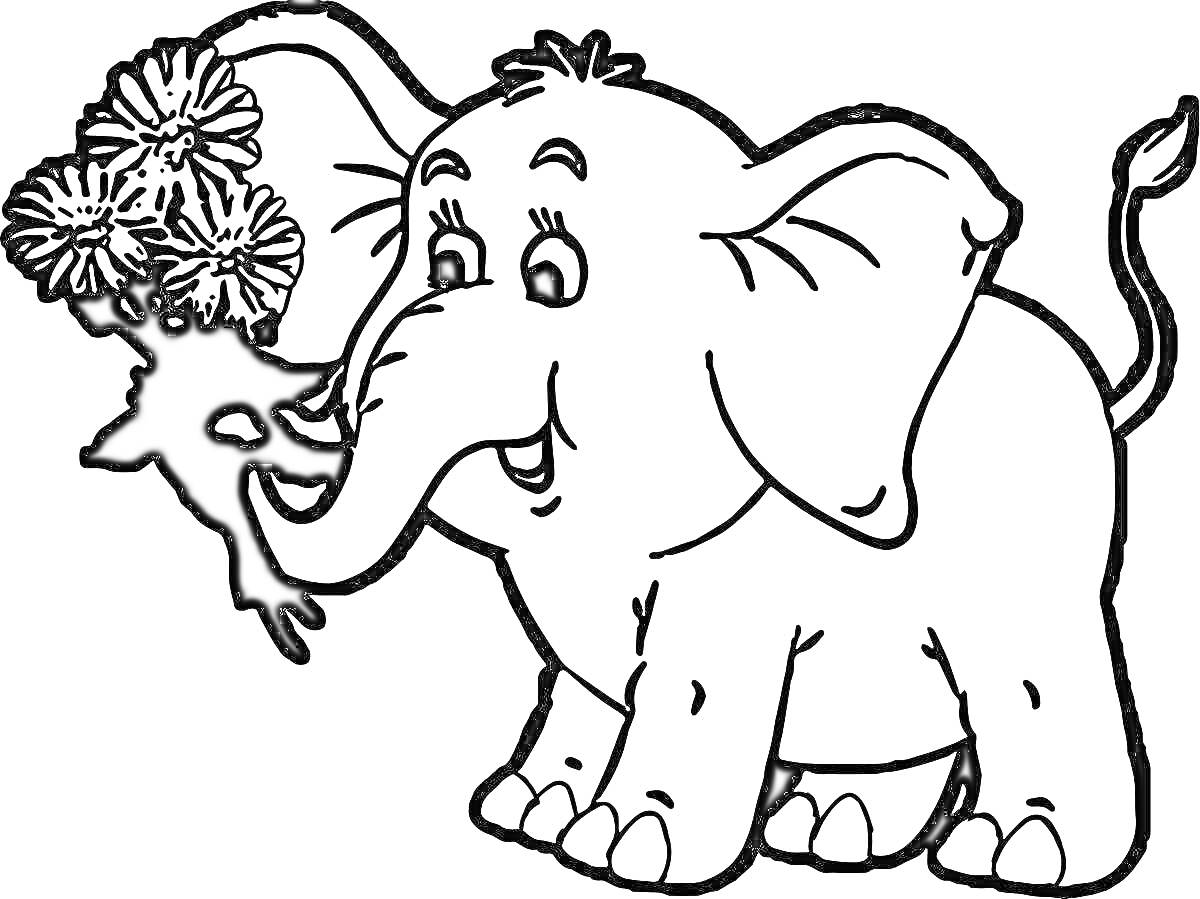 На раскраске изображено: Для детей, Цветы, Слон