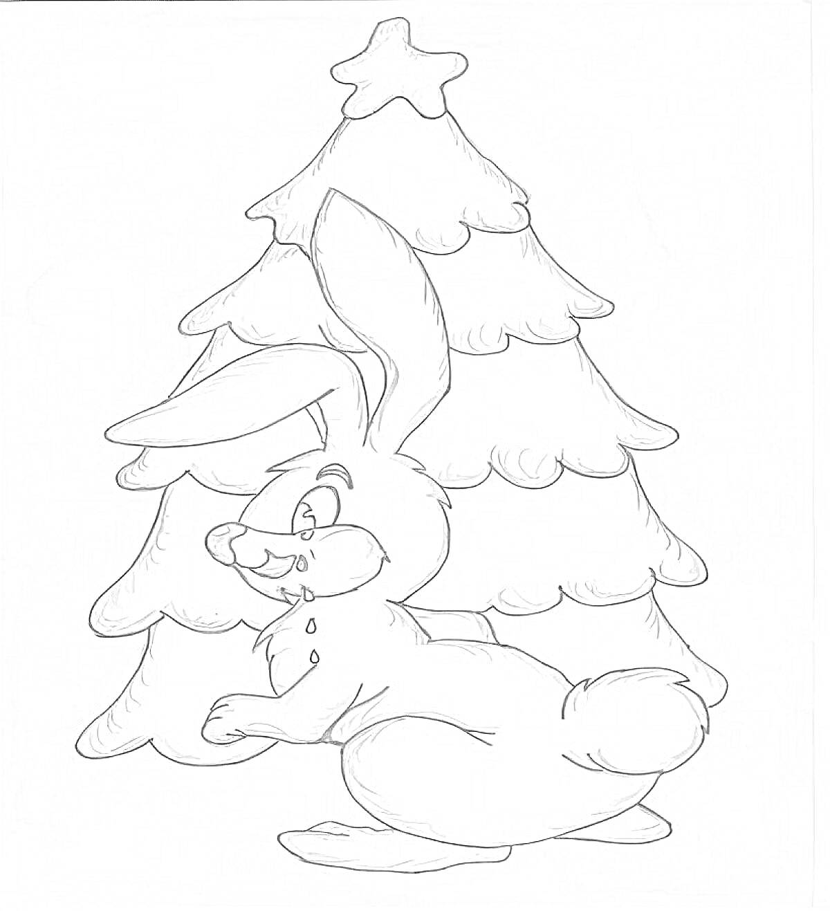 Раскраска Кролик перед новогодней елкой