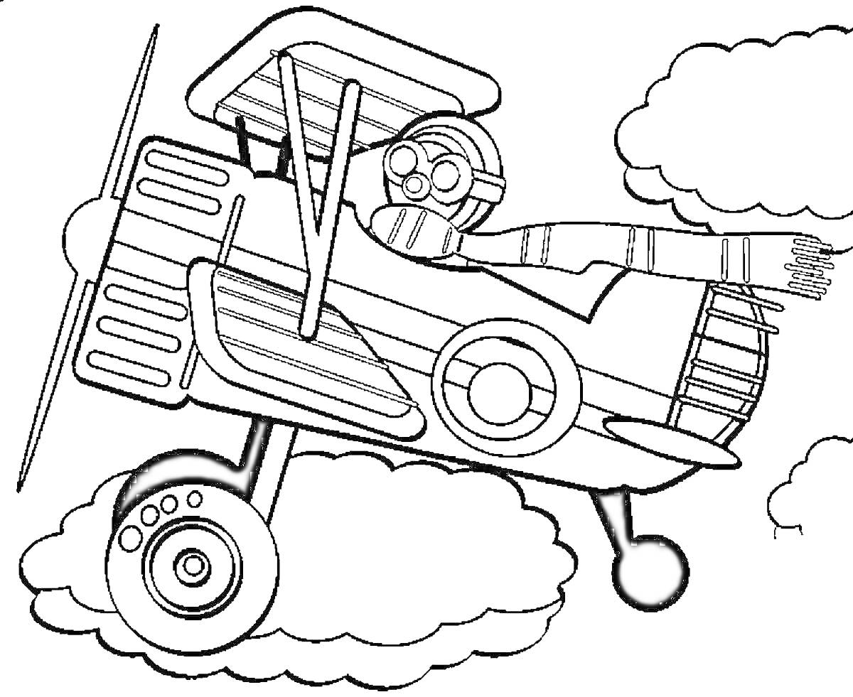 На раскраске изображено: Пилот, Облака, Небо, Авиация, Воздушный транспорт