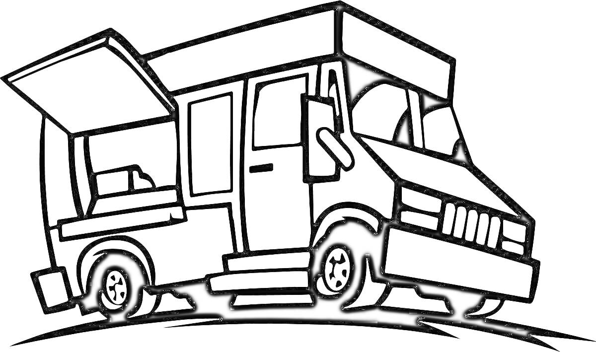 На раскраске изображено: Фургон, Еда, Колеса, Дверь, Окна, Грузовая машина