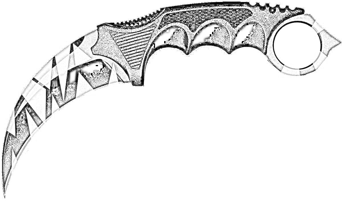 На раскраске изображено: Керамбит, Нож, Оружие, Лезвие, Кольцо