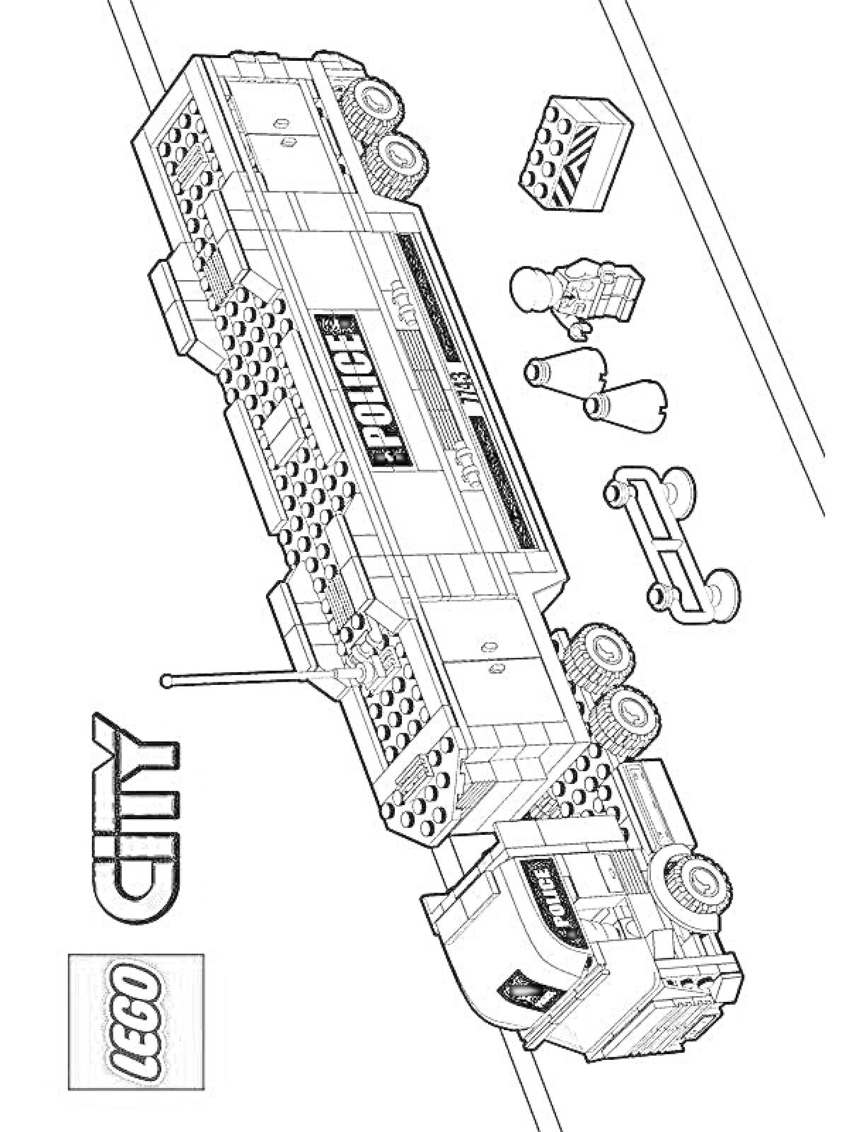 На раскраске изображено: Лего, Поезд, Конус, Игрушечная машинка, Игрушки