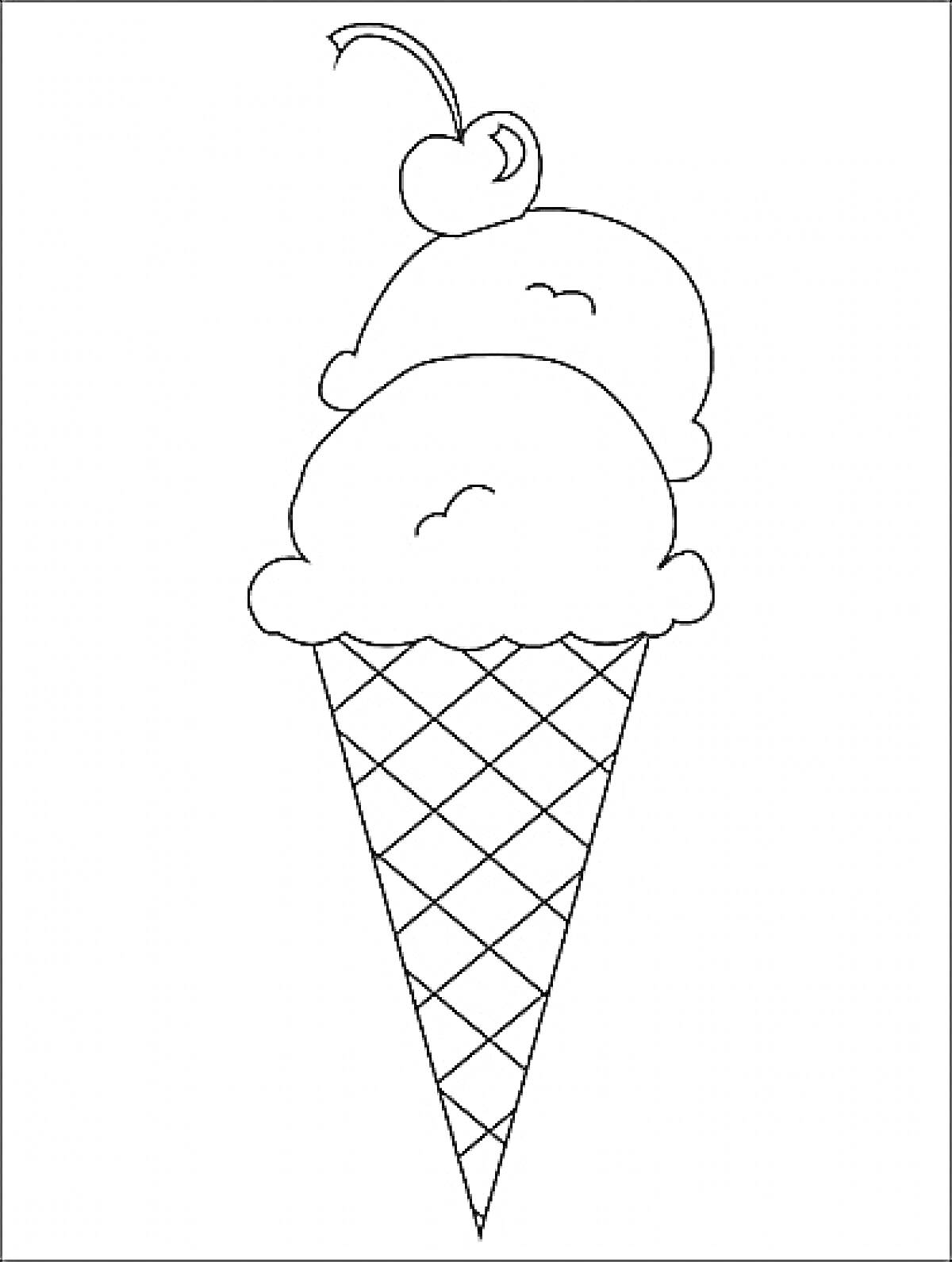 Раскраска Мороженое в вафельном рожке с двумя шариками и вишенкой