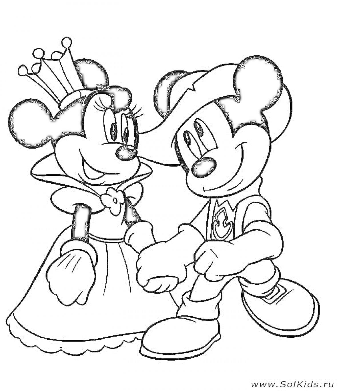 Раскраска Микки Маус и Минни Маус в костюмах принцессы и героя, держащиеся за руки