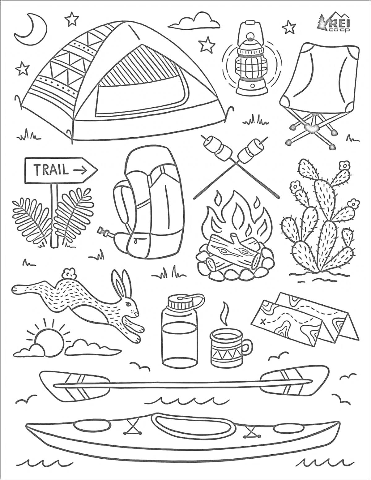 РаскраскаРаскраска с элементами похода: палатка, звезды, луна, облака, фонарик, стул, указатель 