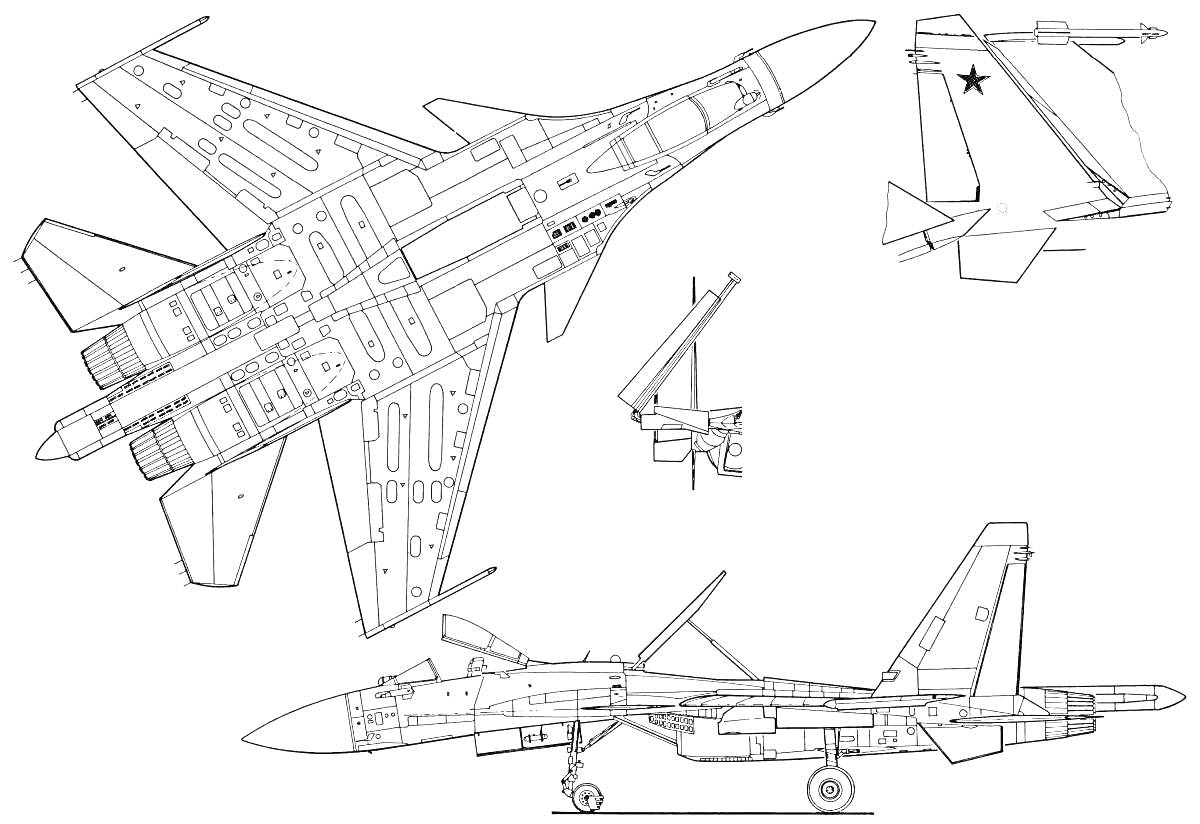 Самолет МиГ-29 с видами сверху, сбоку и вид сбоку хвостовой части