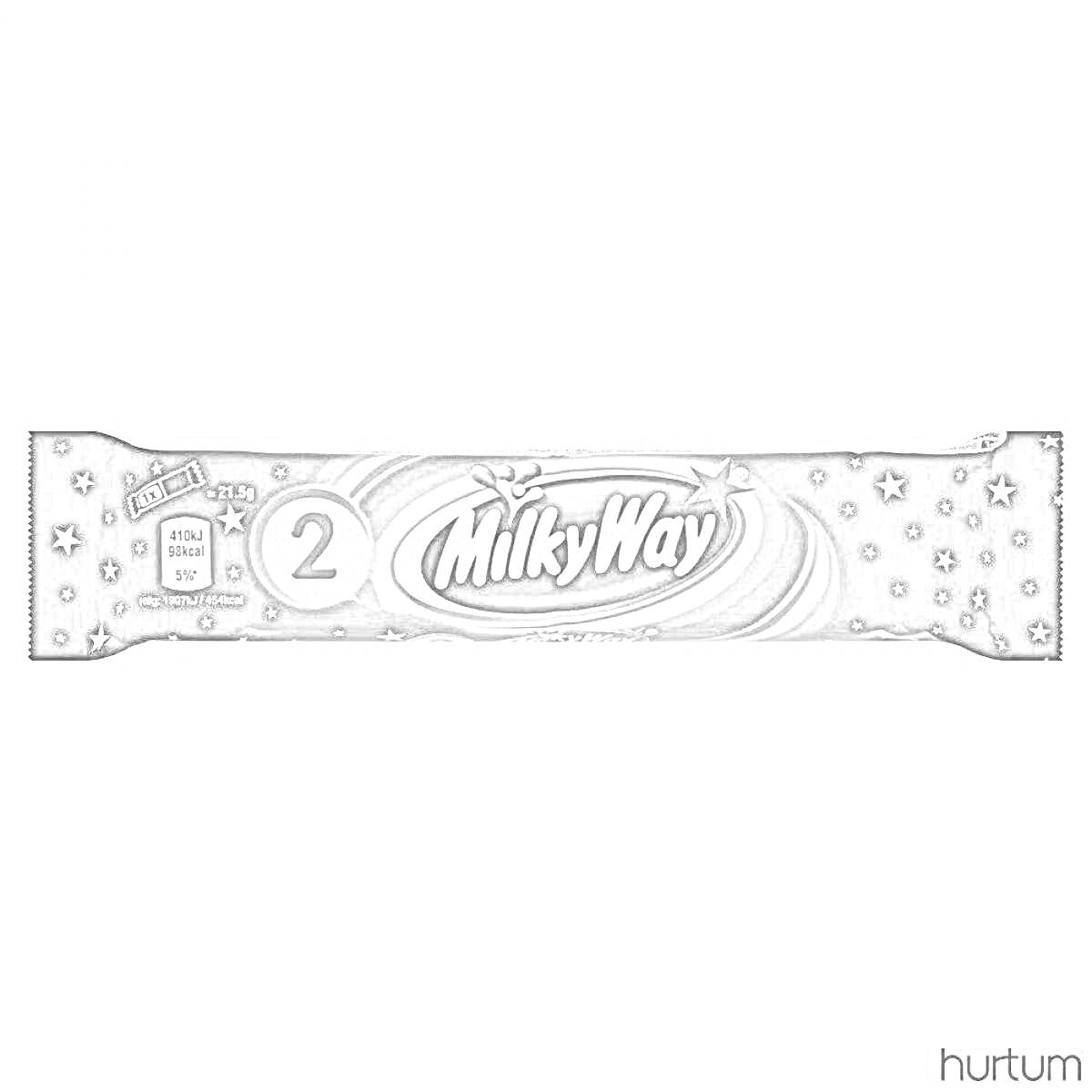 Раскраска Упаковка шоколадного батончика Milky Way с логотипом, звездным фоном и надписью 