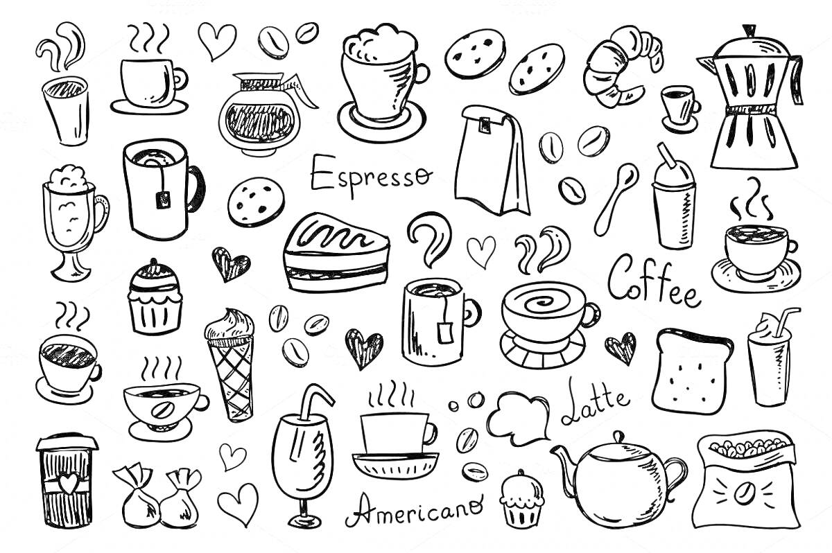 Раскраска Кофейная тема с кружками, кофейниками, чайником, десертами, зернами, сердечками и надписями