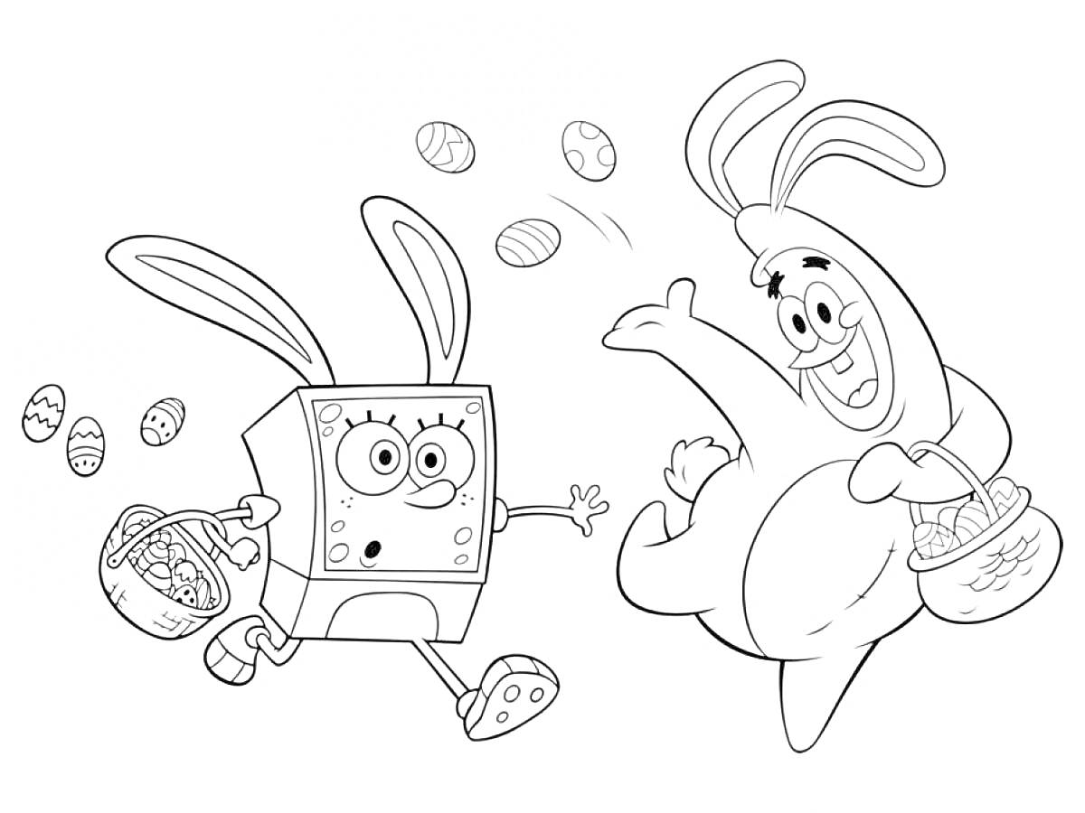 Раскраска Спанч Боб и Патрик в костюмах кроликов собирают пасхальные яйца