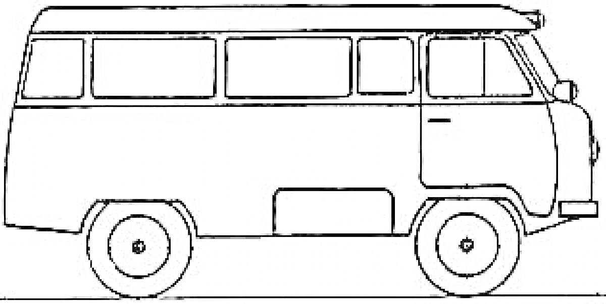 На раскраске изображено: Буханка, УАЗ, Транспорт, Колёса, Окна