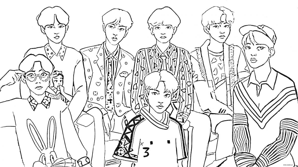 Раскраска Семь парней в различных нарядах, сидящие и стоящие вместе