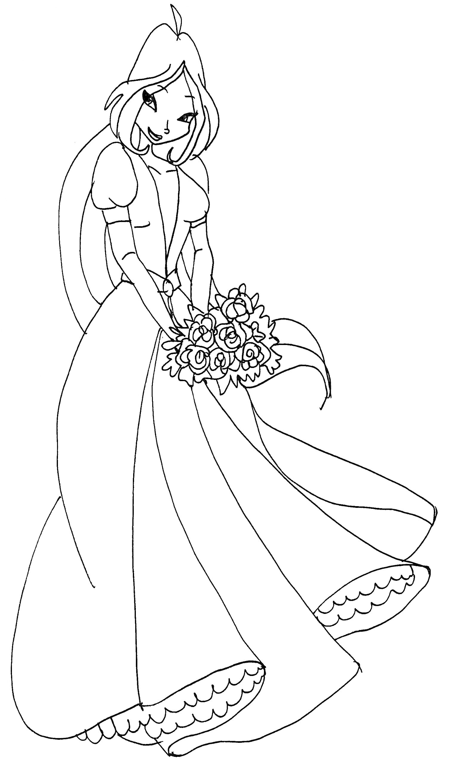 Раскраска Принцесса в длинном платье с букетом цветов