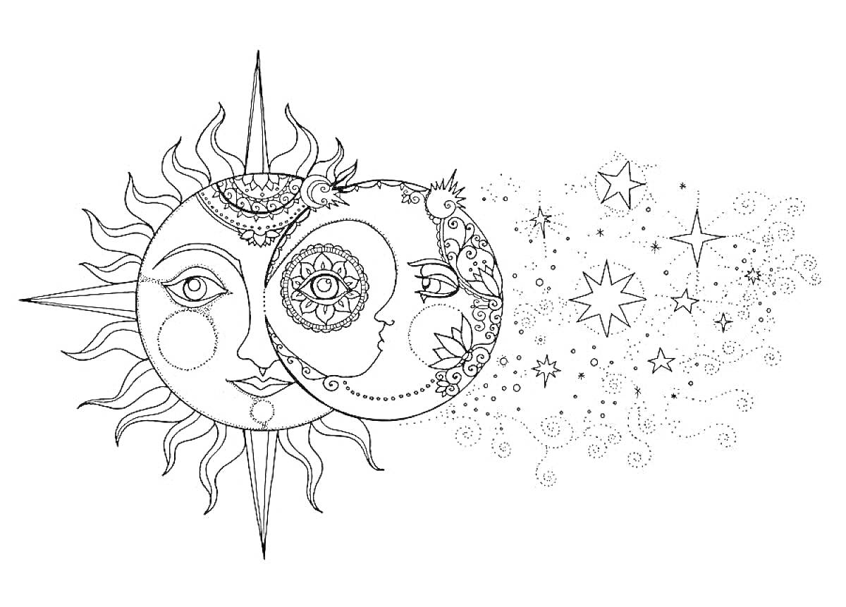 На раскраске изображено: Солнце, Луна, Звезды, Космос, Спираль, Аниматроник, Лицо
