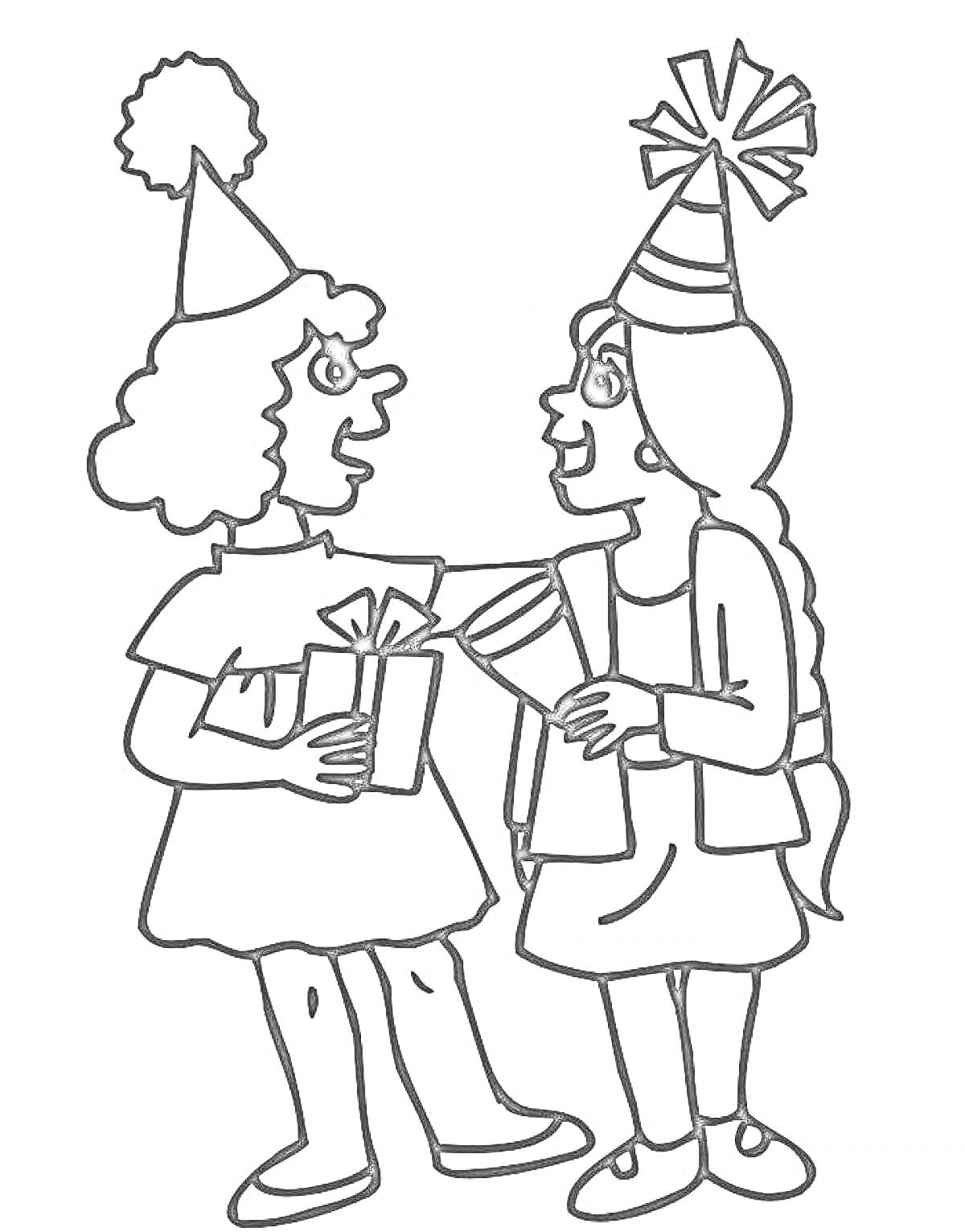 Раскраска Дети на вечеринке в колпаках с подарками