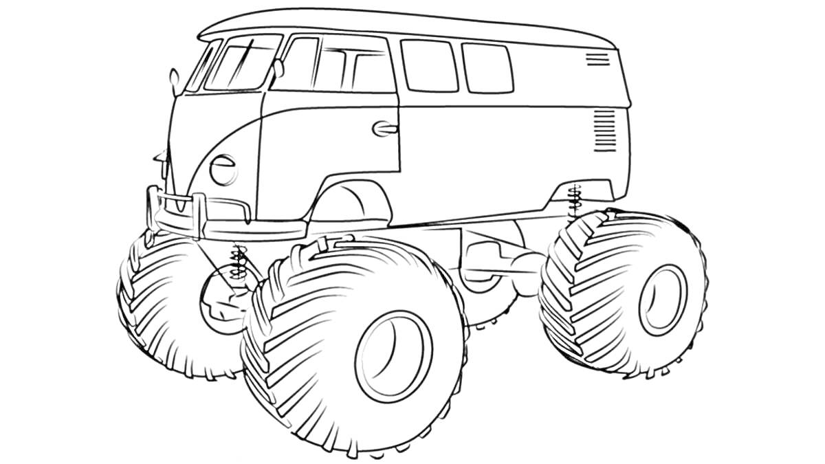 Раскраска Монстер трак в виде фургона с большими колесами