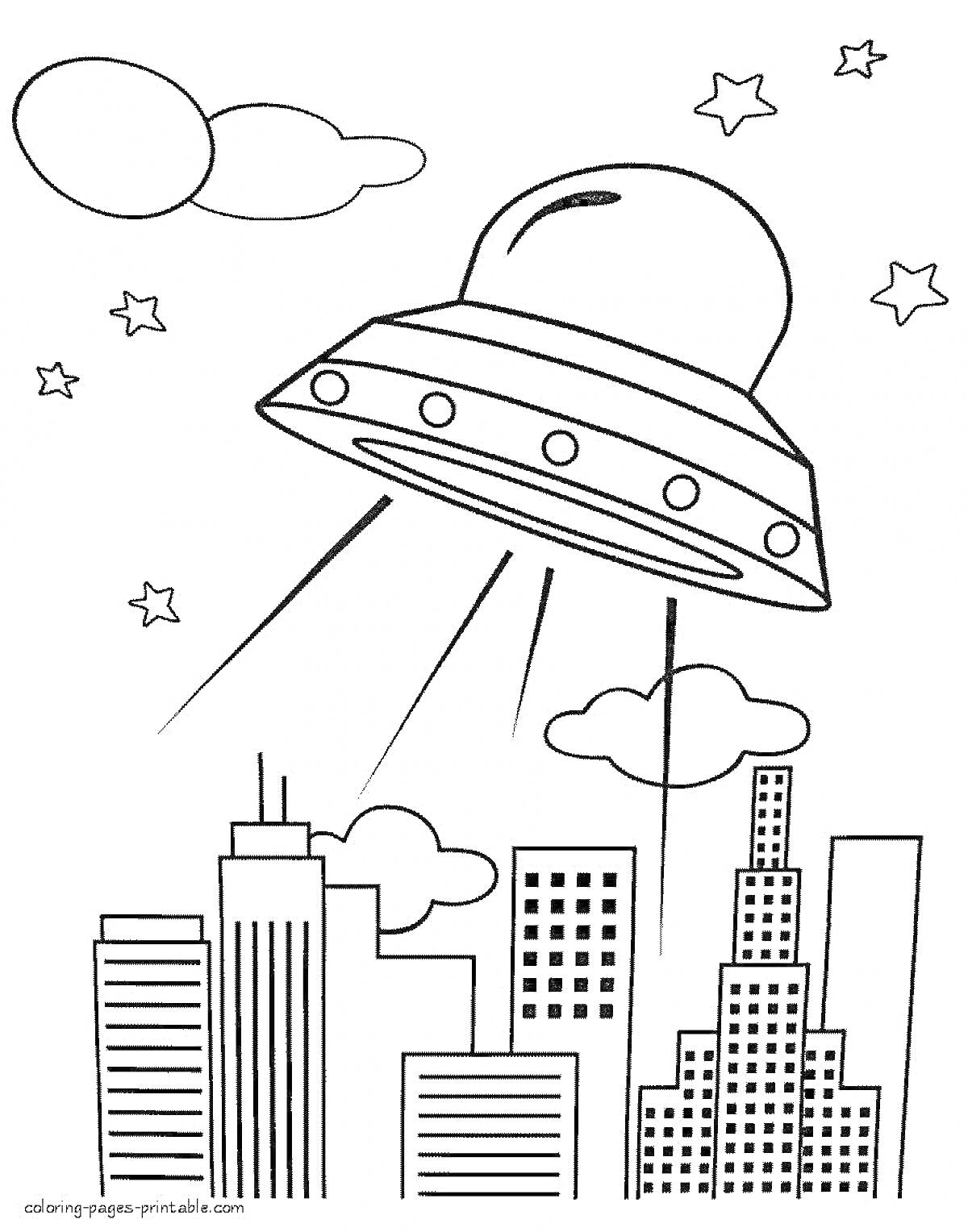 На раскраске изображено: Будущее, НЛО, Небоскрёбы, Звезды, Облака, Линии, Города