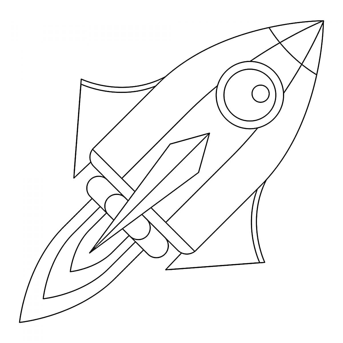 На раскраске изображено: Ракета, Огонь, Цилиндр, Крылья, Стабилизатор, Космос