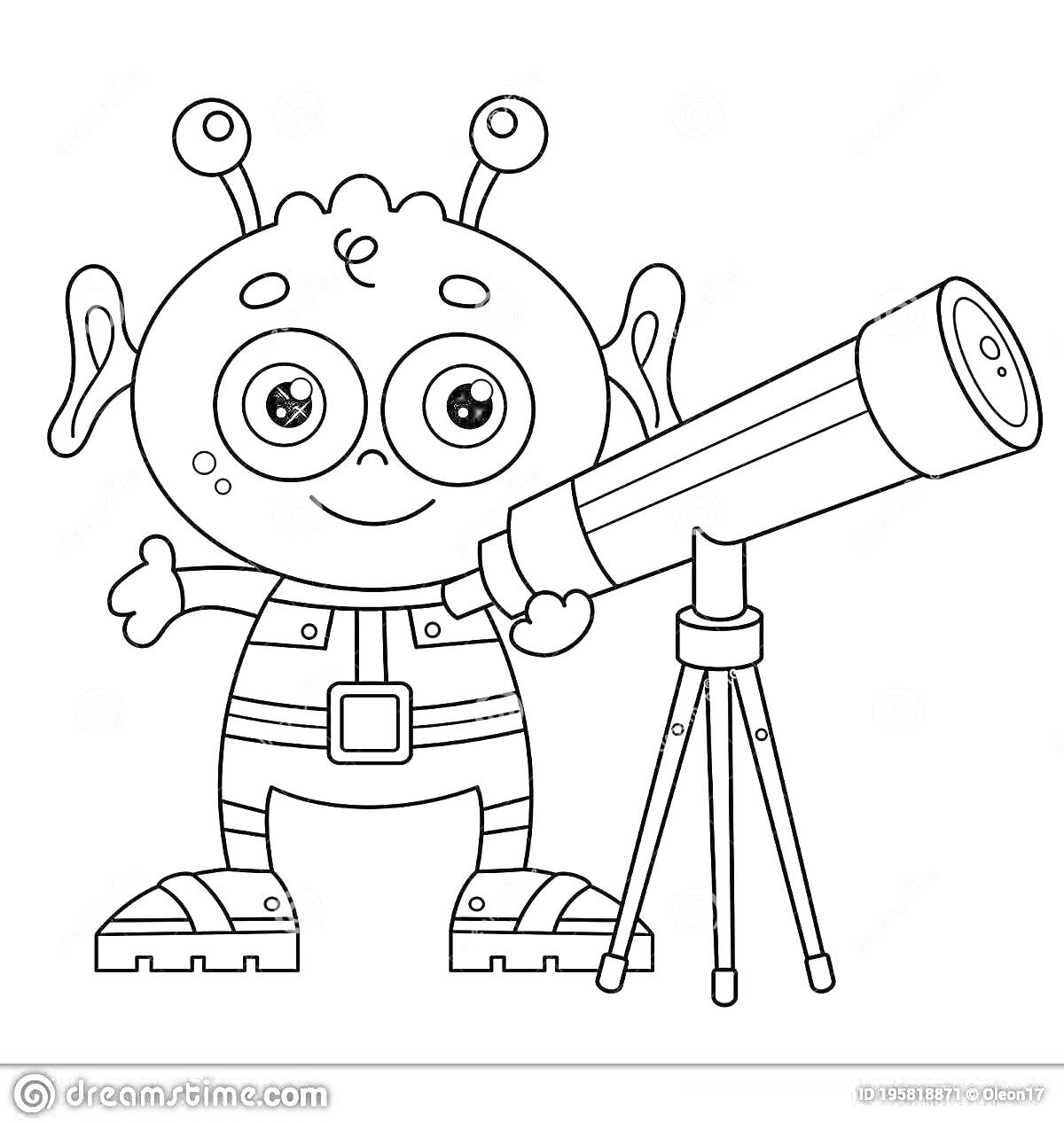 На раскраске изображено: Телескоп, Ребенок, Космическая тематика, Антенны, Смешной персонаж, Фантастика, Звезды