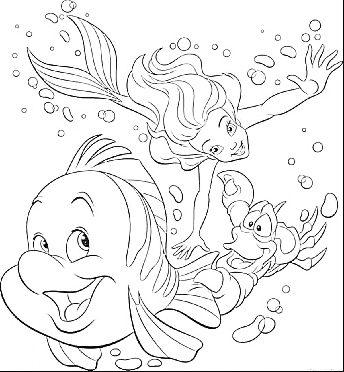 Раскраска Русалочка, рыба и краб под водой, окружённые пузырьками