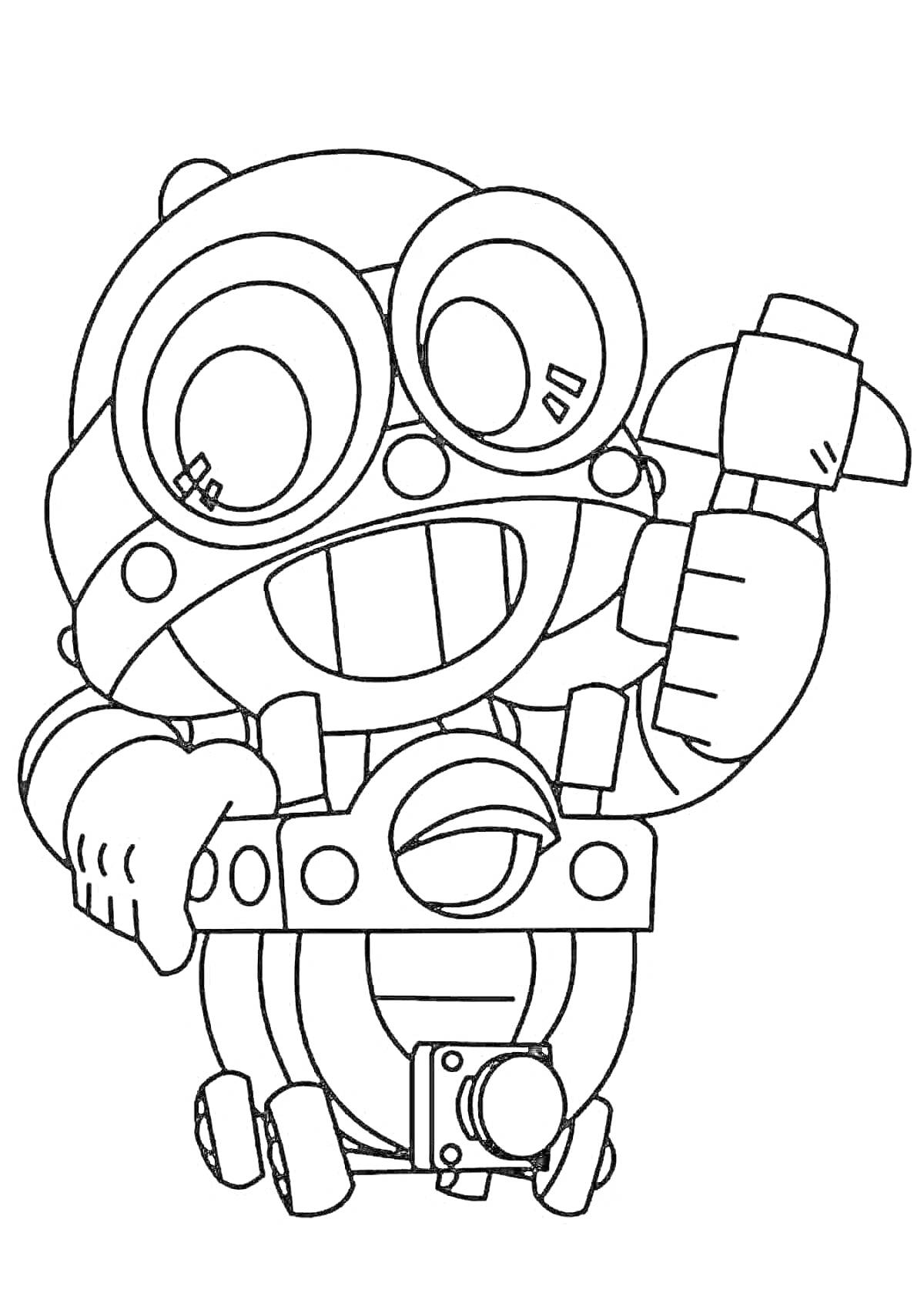 Раскраска Раскраска с изображением персонажа Мажор Рико из игры Brawl Stars, с поднятой рукой и широкими очками на шлеме