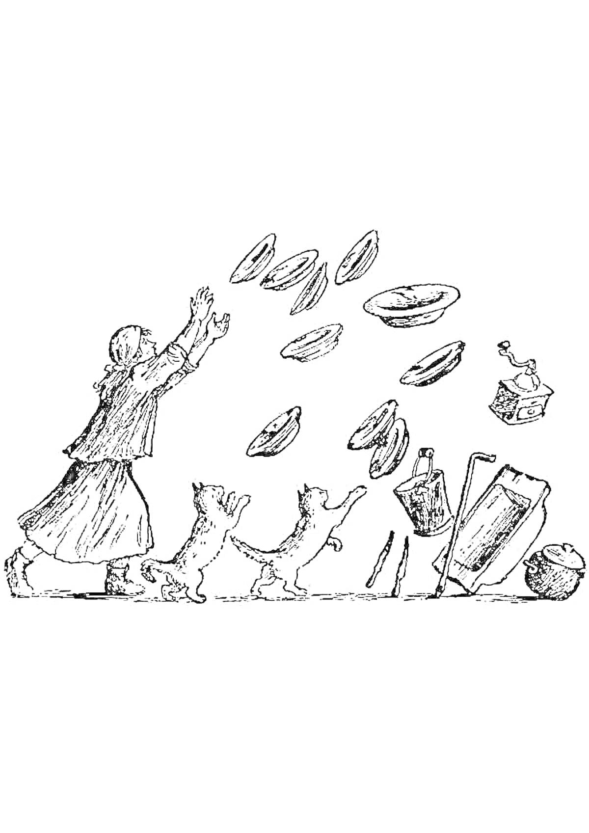 Раскраска Женщина с двумя собаками, пытающаяся поймать улетающую посуду, включающую тарелки, чайник, бутылку, кувшин и ложку