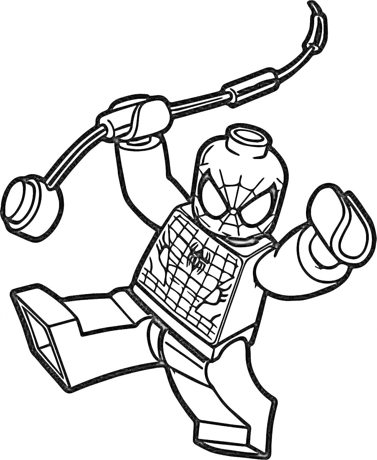 Раскраска Человек-Паук из Лего, держащий паутину