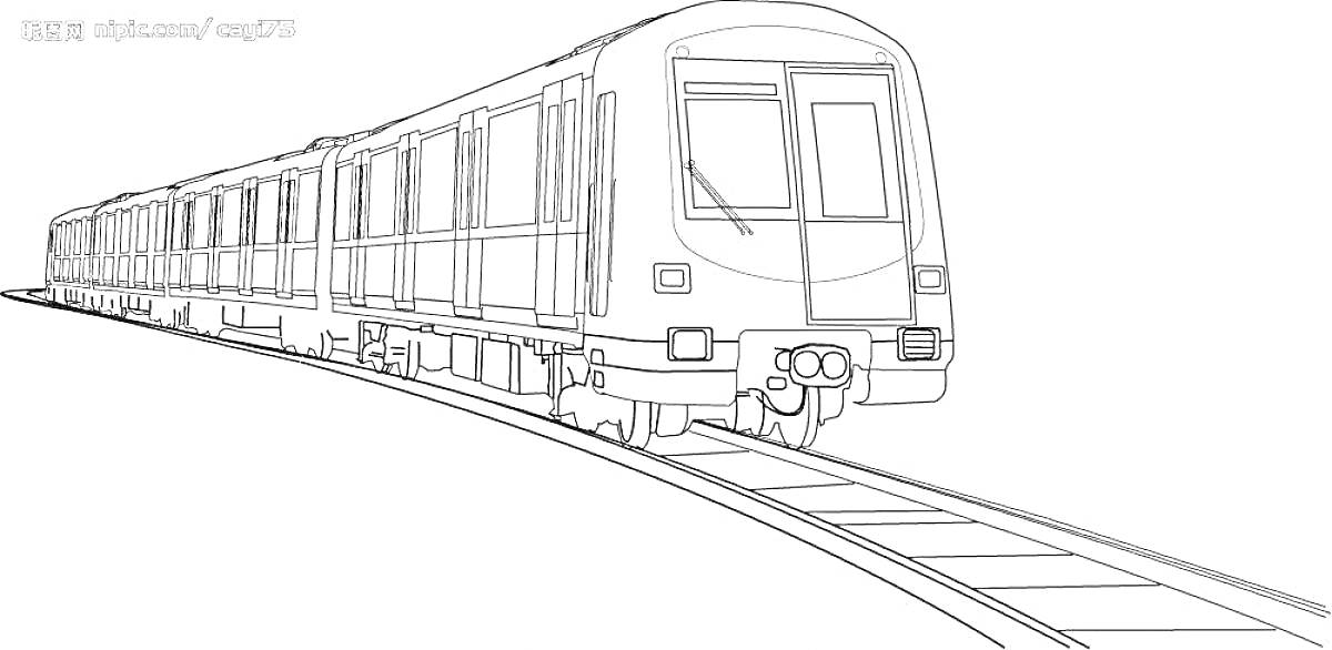 Раскраска Метро на рельсах, вагон метро с окнами и дверями, рельсы, криволинейный путь, вариация подачи элементов
