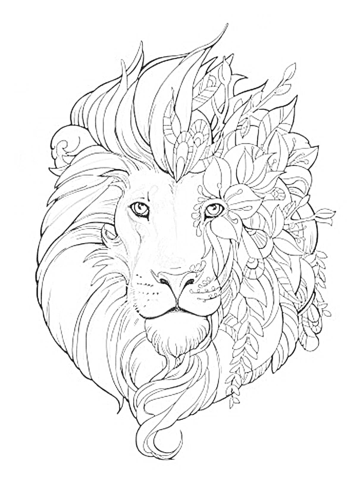 Раскраска Лев с гривой, украшенной цветами и листвой