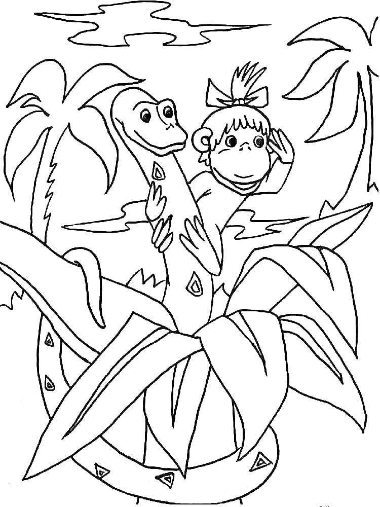 Раскраска Обезьянка с бантиком и удав на фоне пальм и облаков из мультфильма 