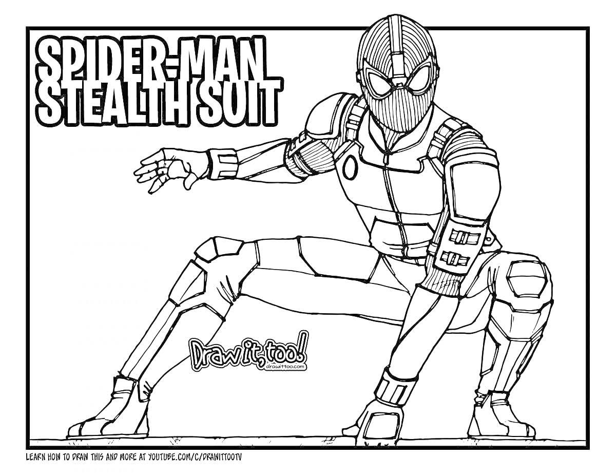 Раскраска Человек-паук в стелс-костюме на коленях в позе боевой готовности, надписи 'SPIDER-MAN STEALTH SUIT' и 'Far from Home'