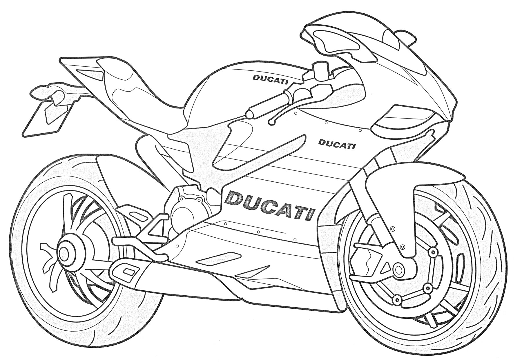 Мотоцикл Ducati с деталями кузова, колеса, ручного управления и логотипами