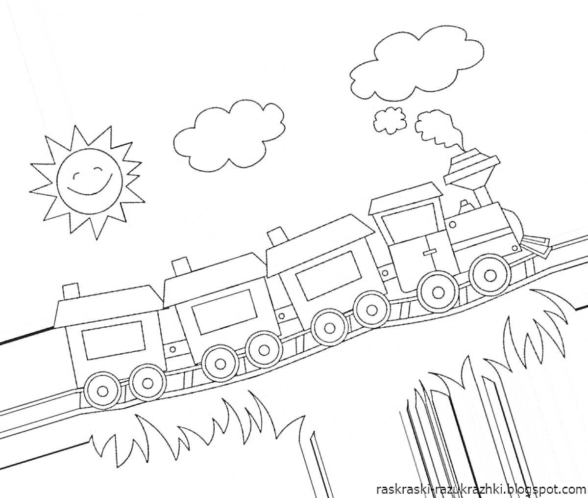 Раскраска Поезд на рельсах с тремя вагонами, холмы, деревья, облака и улыбающееся солнце