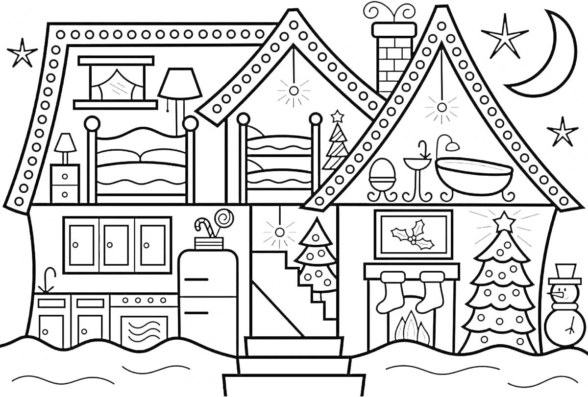 Раскраска Домик внутри с кроватями, шкафами, лампой, кухней, холодильником, камином, ванной, ёлочками, звездочками, месяцем и снеговиком