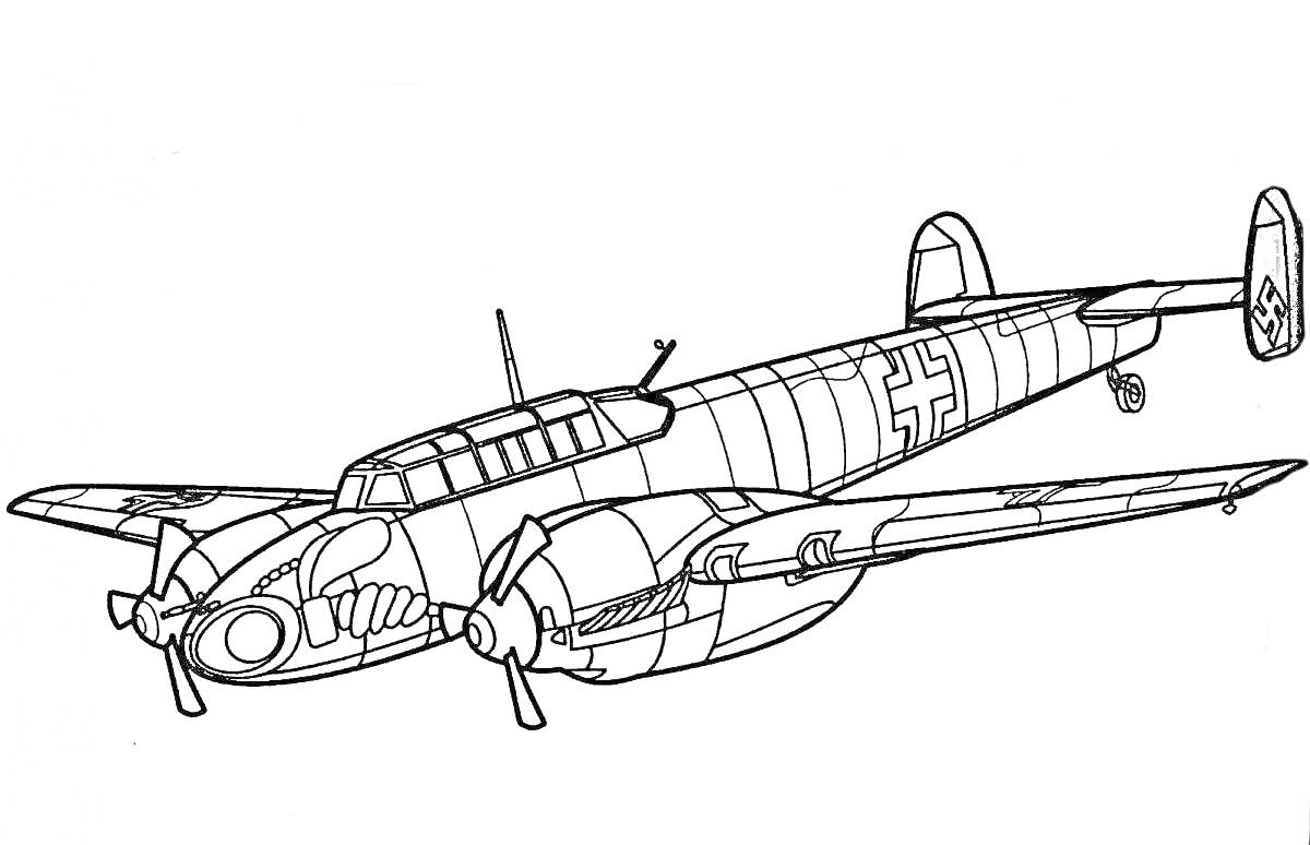Раскраска Истребитель с двумя пропеллерами и крестами на хвосте и крыльях